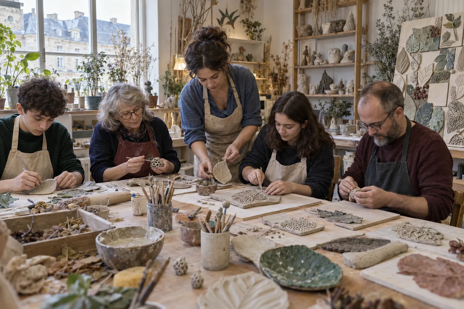 Participants réunis autour d’un projet artistique collectif en céramique