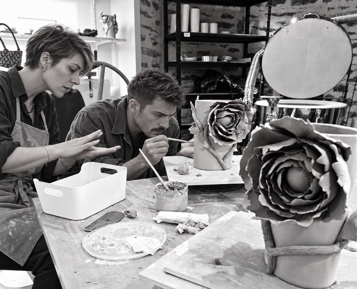 Deux participants façonnent des vases floraux sculptés au Studio Mogador