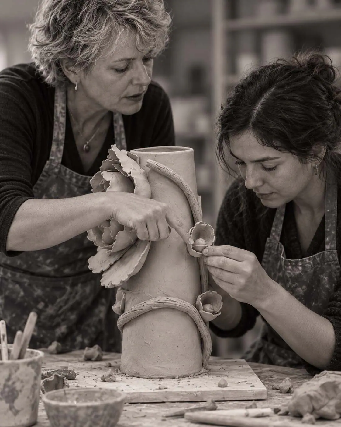 Pascale Nivet accompagne une élève dans la création d’une sculpture florale en céramique