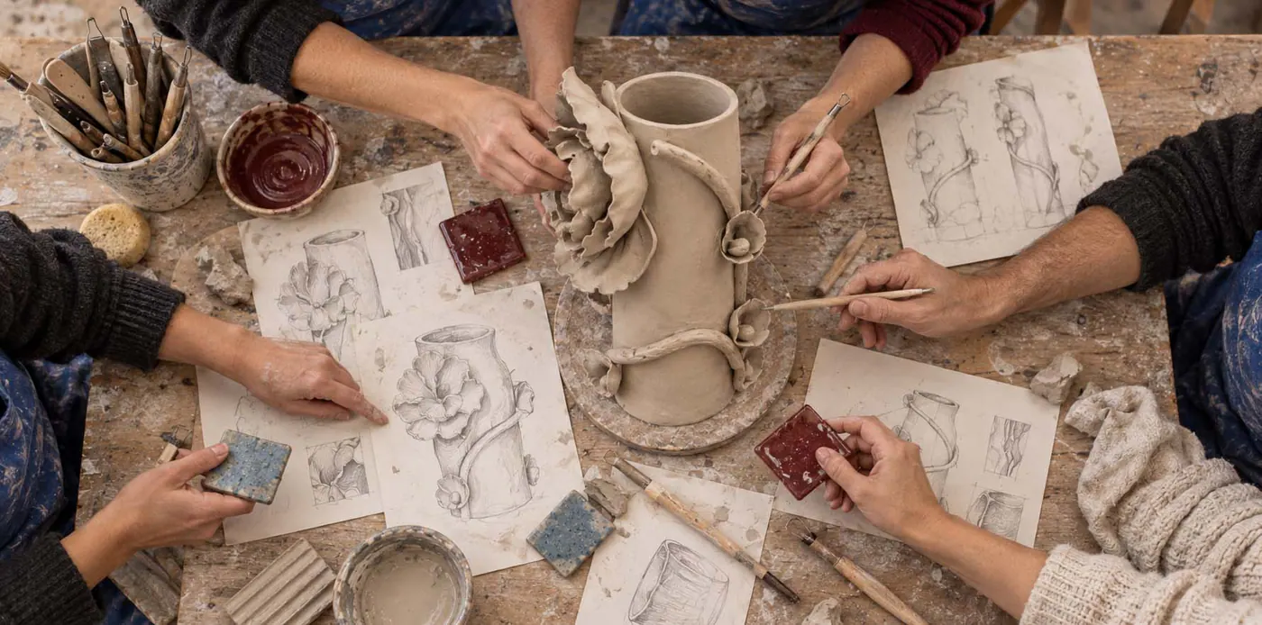 Élèves travaillant ensemble une œuvre en céramique vue du dessus au Studio Mogador